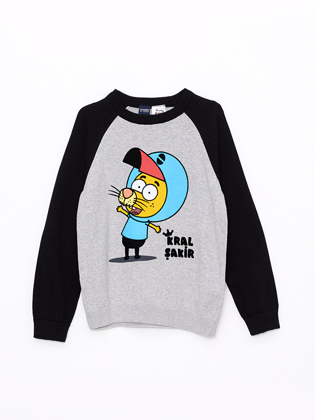 Gri Bisiklet Yaka Kral Şakir Baskılı Uzun Kollu Erkek Çocuk Triko Kazak