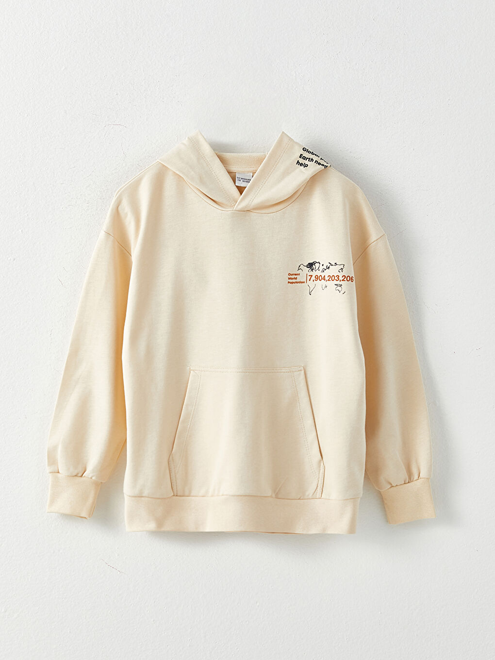 LCW Kids Açık Bej Kapüşonlu Baskılı Uzun Kollu Erkek Çocuk Sweatshirt