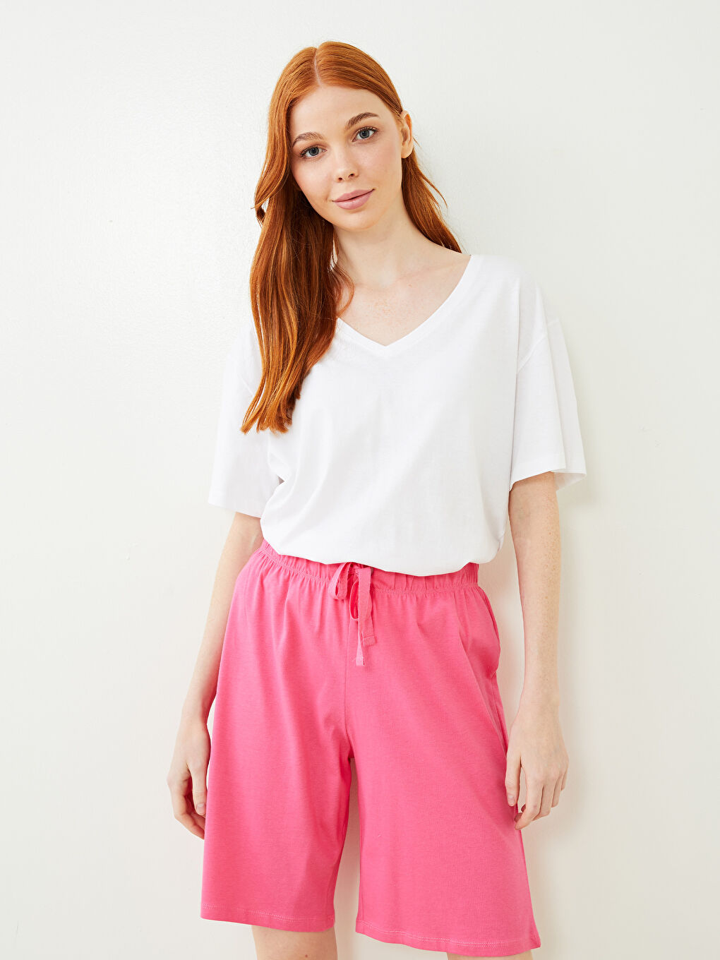 Pembe Beli Lastikli Düz Pamuklu Kadın Pijama Alt