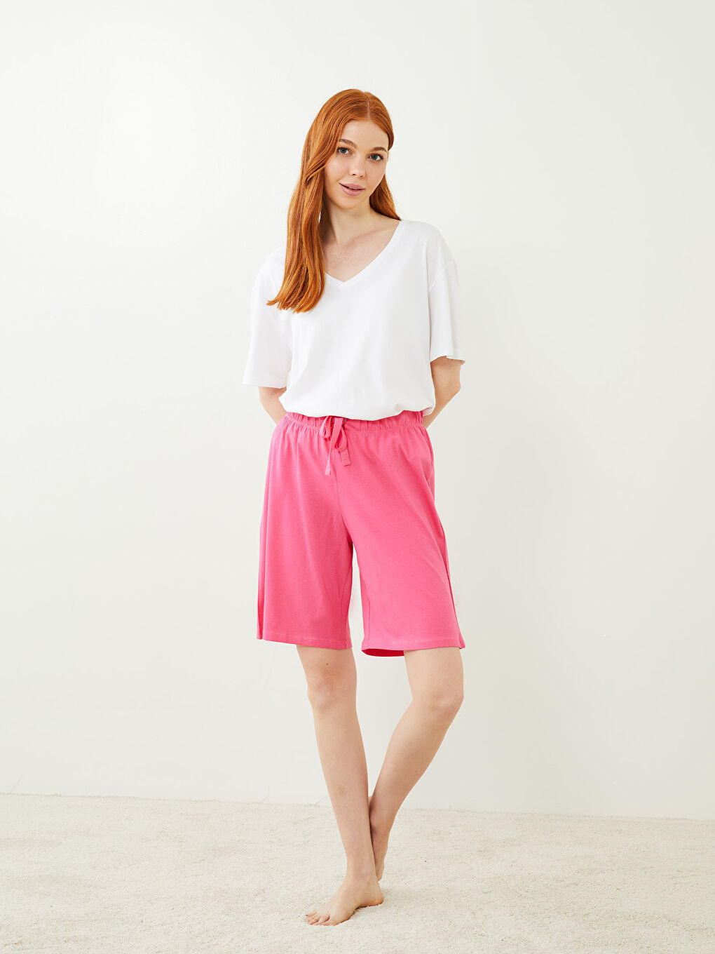 Pembe Beli Lastikli Düz Pamuklu Kadın Pijama Alt-1