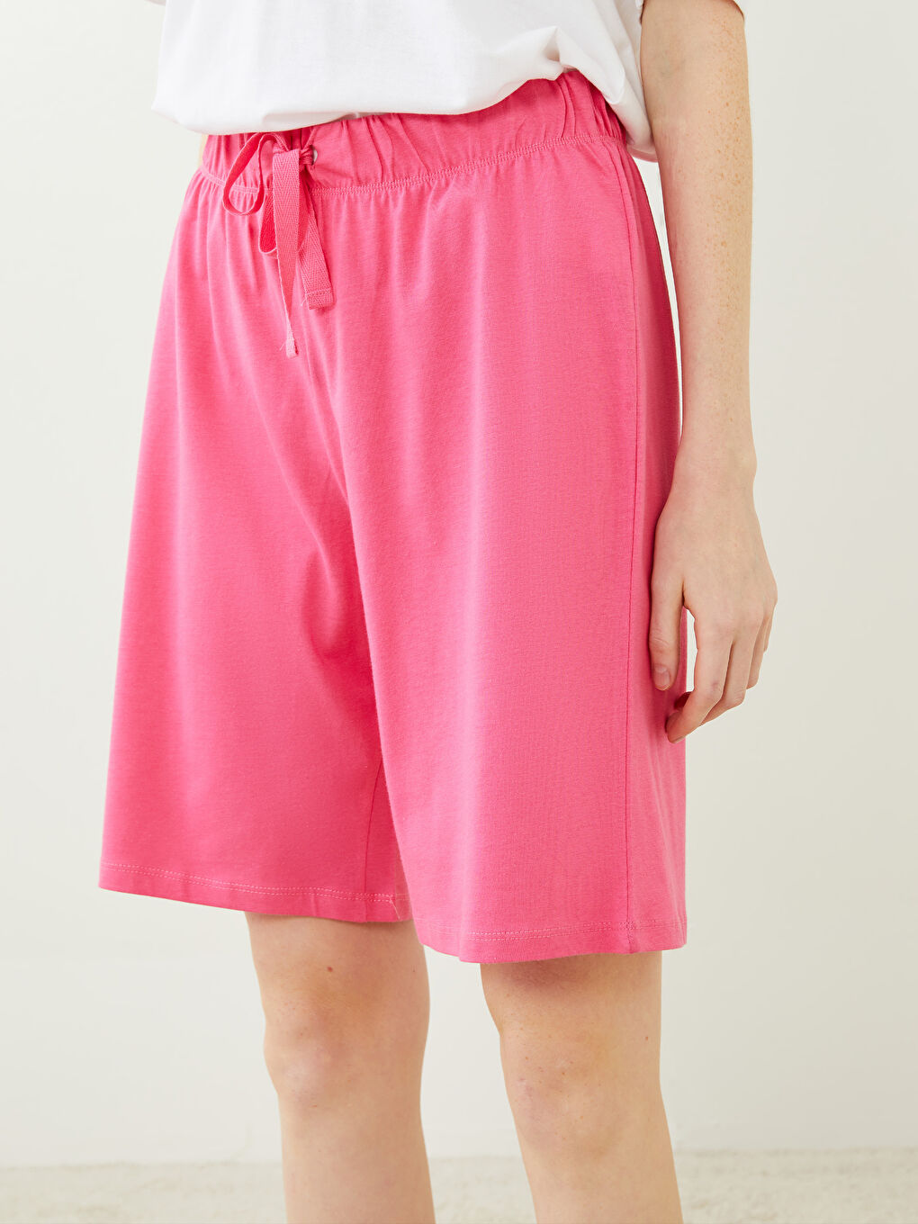 Pembe Beli Lastikli Düz Pamuklu Kadın Pijama Alt-2