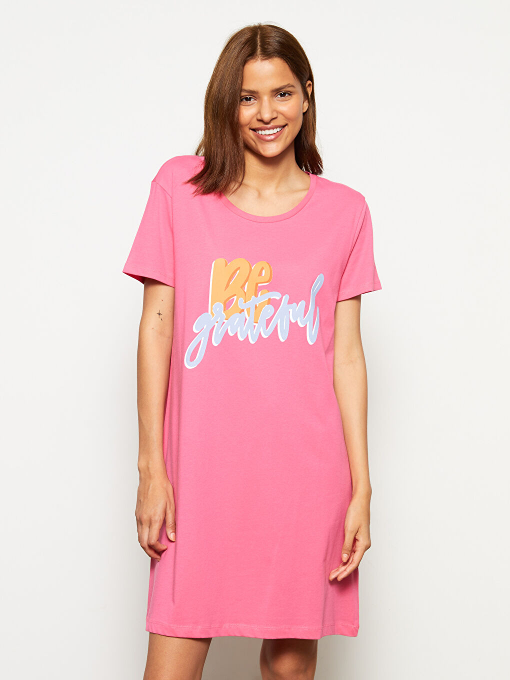 Crew Neck Printed Short Sleeve Cotton Women's Nightgown-1