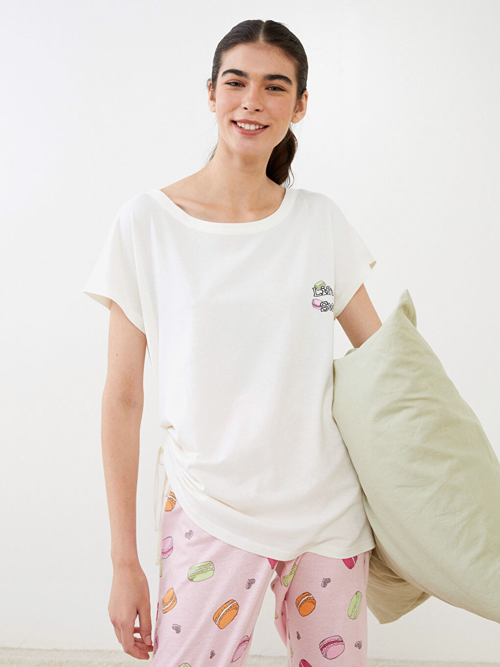 Crew Neck Printed Short Sleeve Cotton Women's Pajama Set
