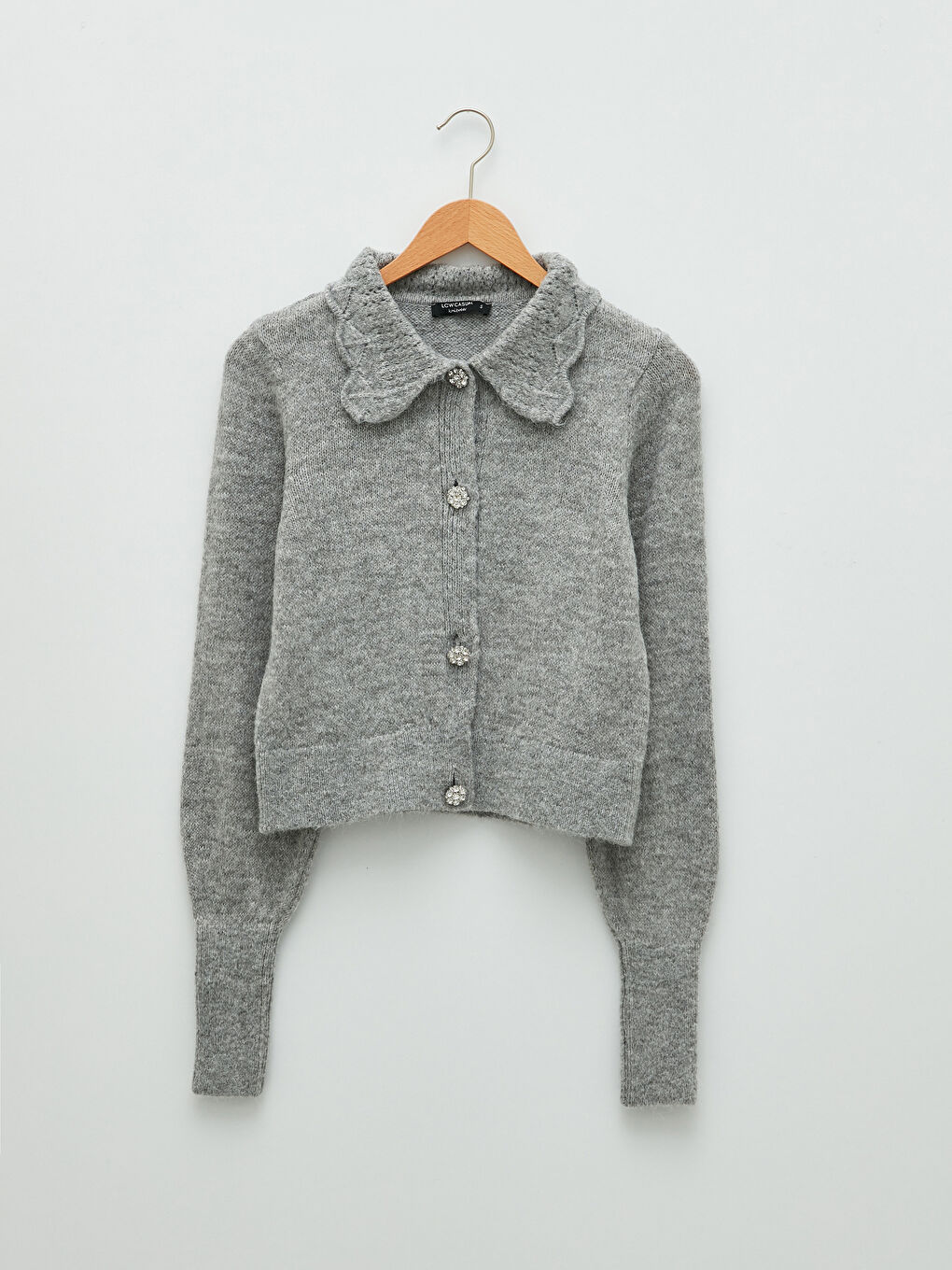 Gri Bebe Yaka Düz Uzun kollu Kadın Triko Hırka-5