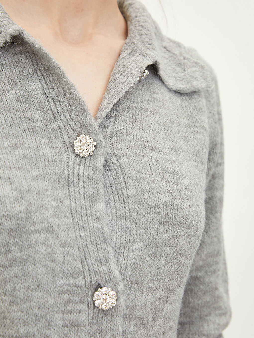 Gri Bebe Yaka Düz Uzun kollu Kadın Triko Hırka-3