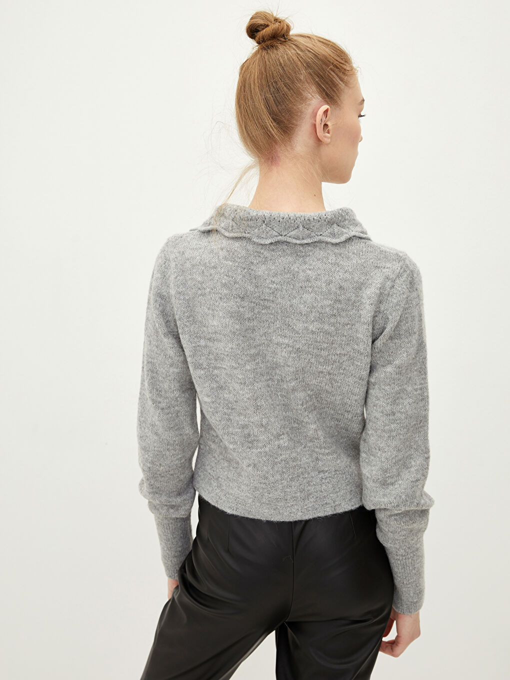 Gri Bebe Yaka Düz Uzun kollu Kadın Triko Hırka-4