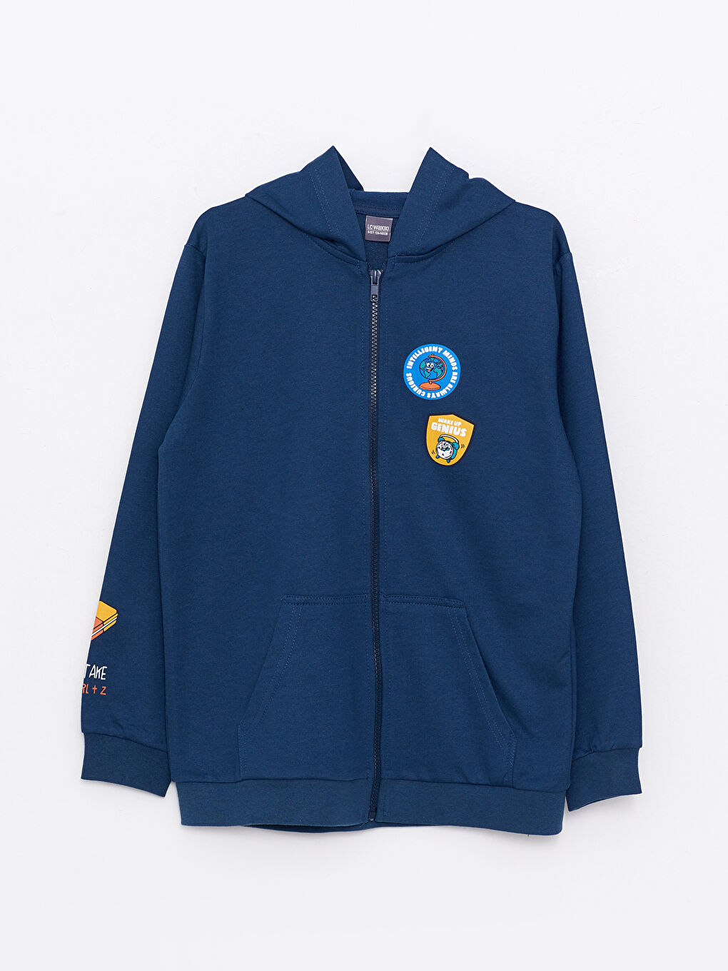 İndigo Kapüşonlu Baskılı Uzun Kollu Erkek Çocuk Fermuarlı Sweatshirt