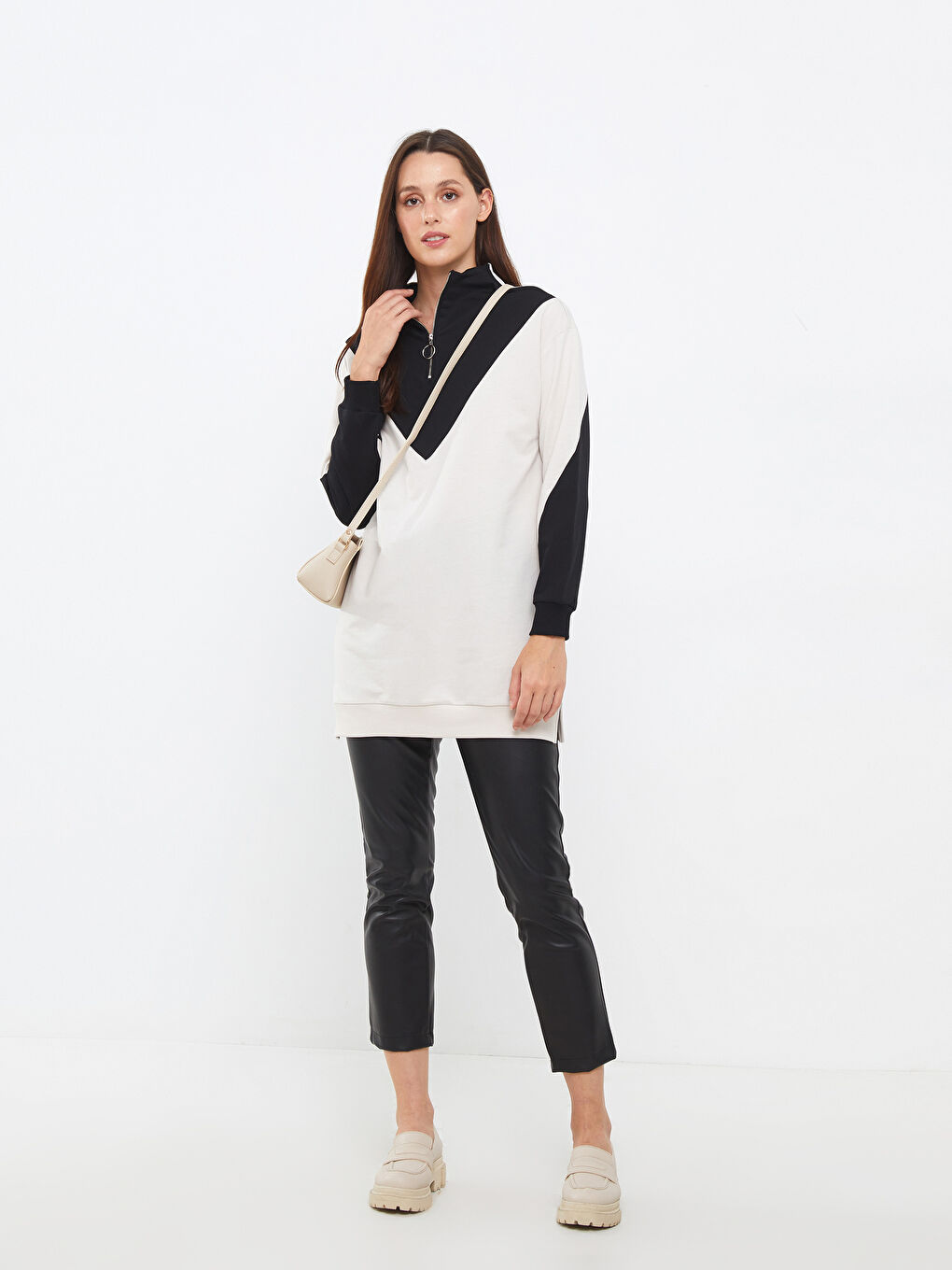 Gri Dik Yaka Renk Bloklu Uzun Kollu Kadın Sweatshirt Tunik