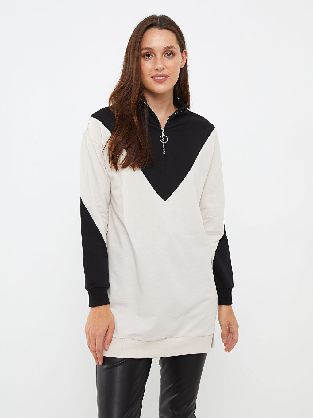 Gri Dik Yaka Renk Bloklu Uzun Kollu Kadın Sweatshirt Tunik-1