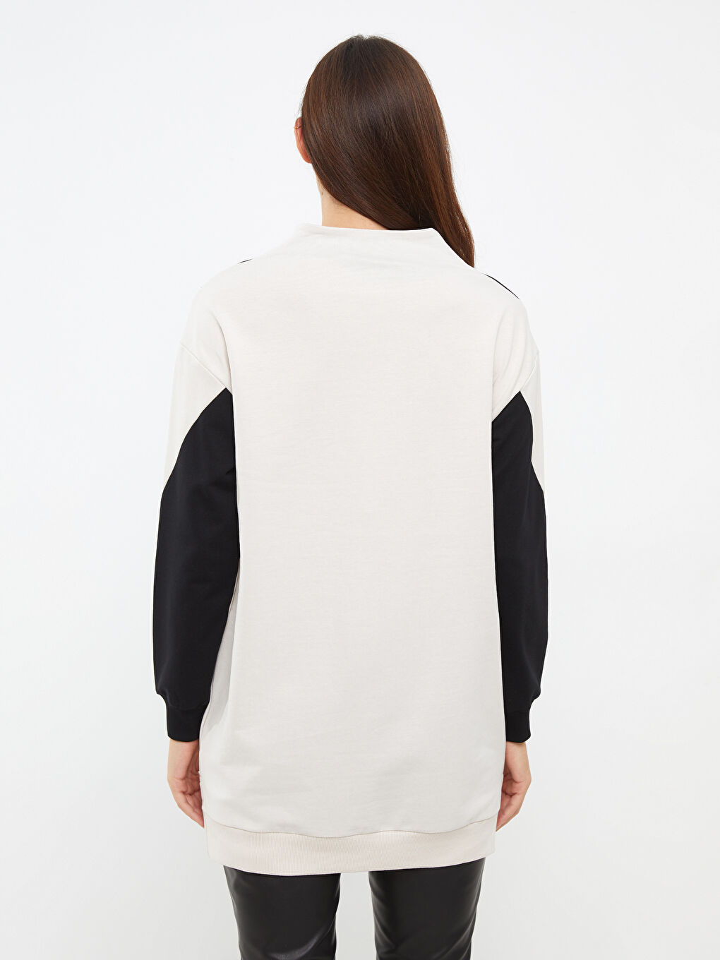 Gri Dik Yaka Renk Bloklu Uzun Kollu Kadın Sweatshirt Tunik-4