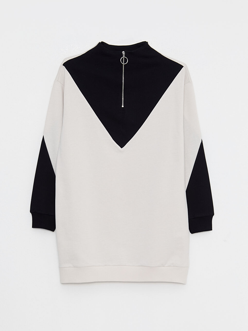 Gri Dik Yaka Renk Bloklu Uzun Kollu Kadın Sweatshirt Tunik-5