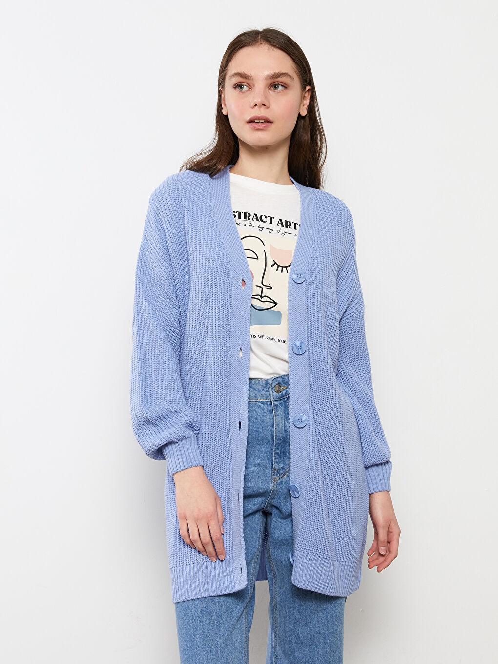 Mavi V Yaka Kadın Triko Hırka-1