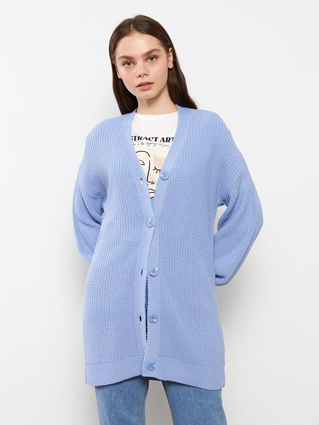 Mavi V Yaka Kadın Triko Hırka-2