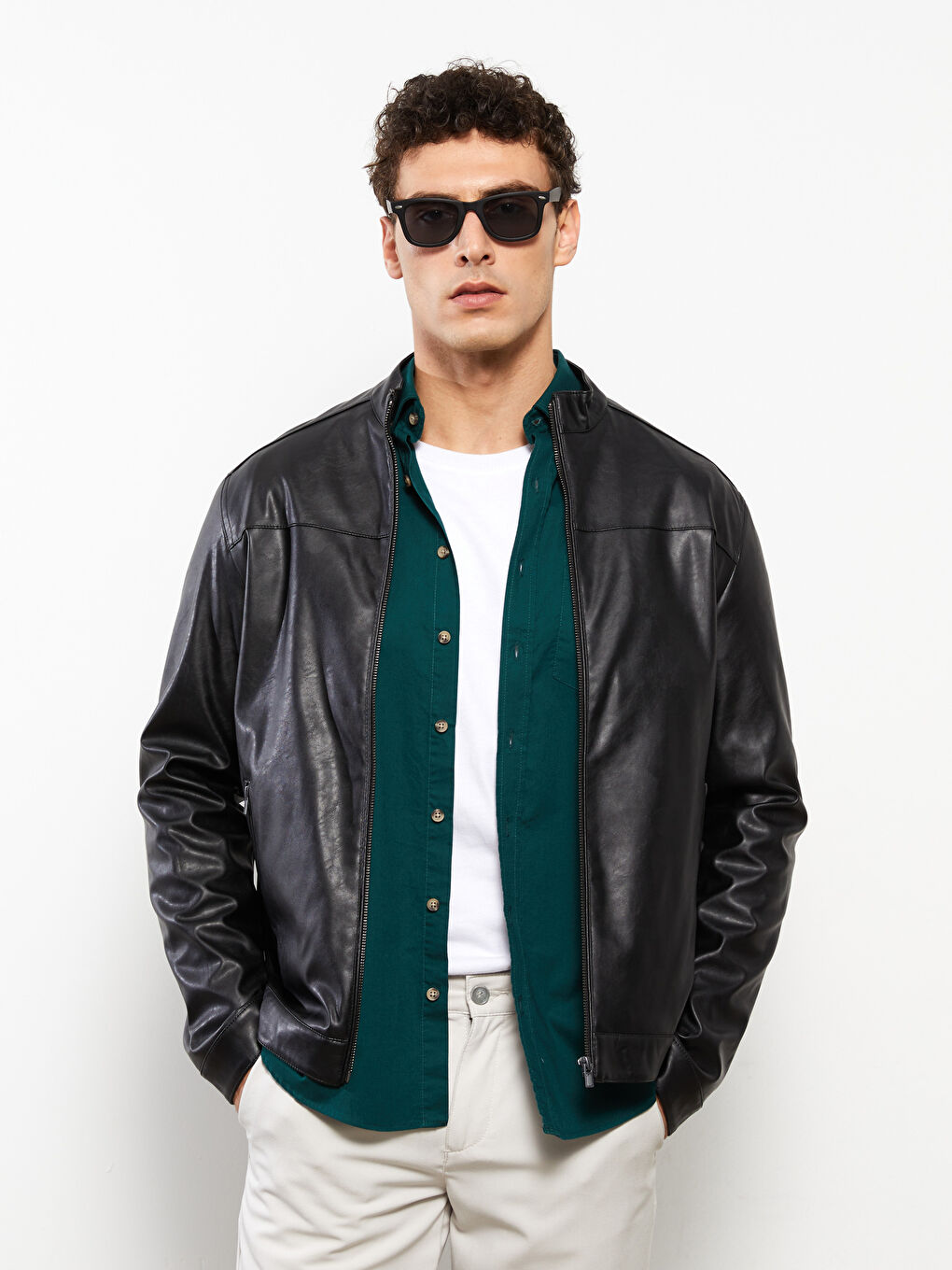 Standard Fit Collared Neck Men's Leather Look Coat