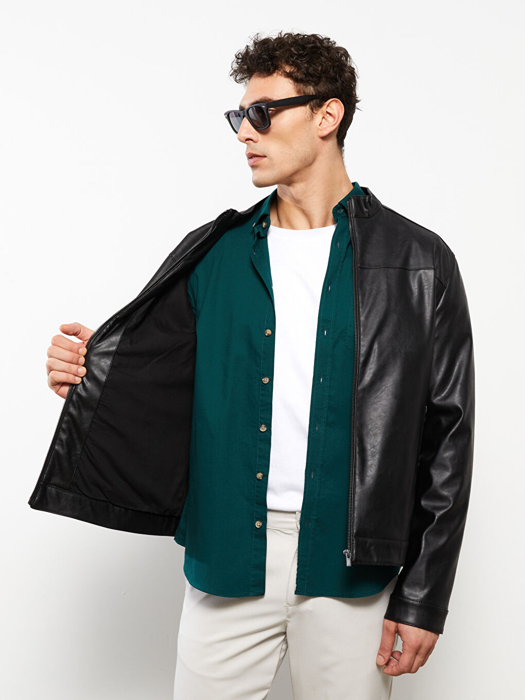 Standard Fit Collared Neck Men's Leather Look Coat-1
