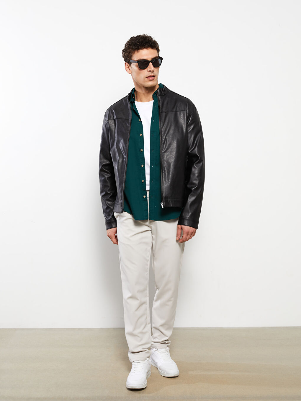 Standard Fit Collared Neck Men's Leather Look Coat-2