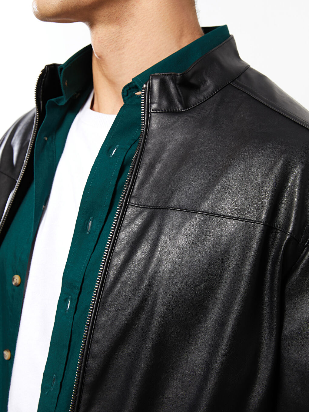 Standard Fit Collared Neck Men's Leather Look Coat-3