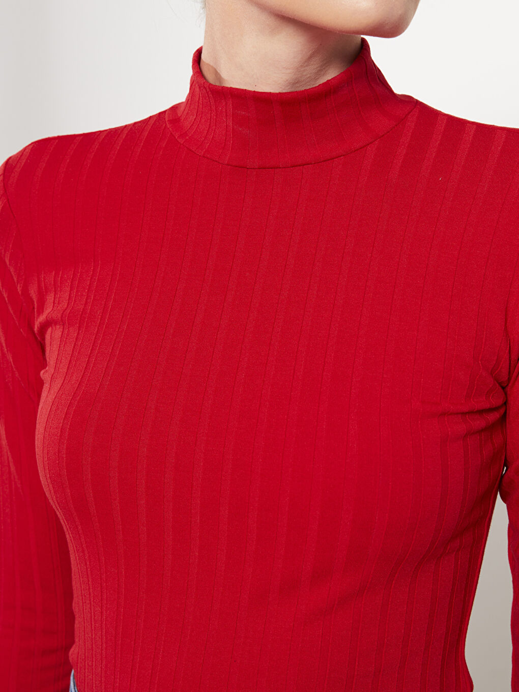 Kırmızı Dik Yaka Düz Uzun Kollu Kadın Body-3