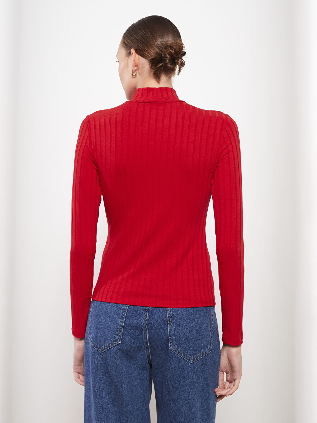 Kırmızı Dik Yaka Düz Uzun Kollu Kadın Body-4