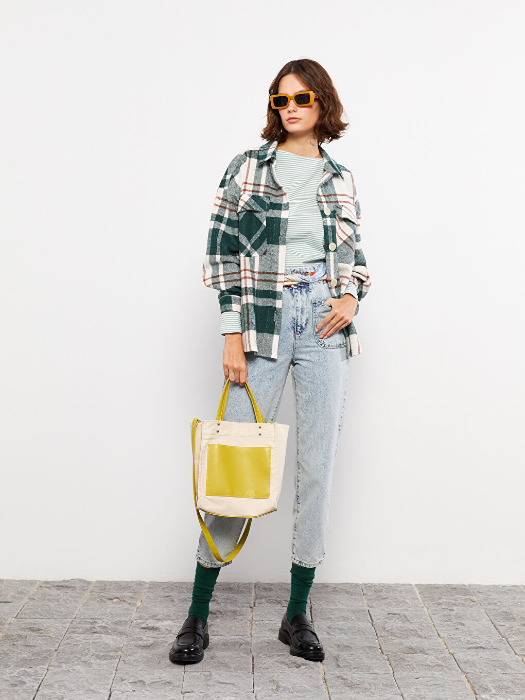 Yeşil Ekose Uzun Kollu Flanel Oversize Kadın Oduncu Gömlek Ceket