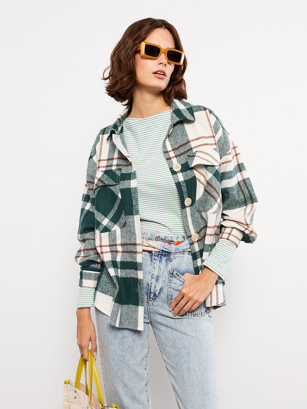 Yeşil Ekose Uzun Kollu Flanel Oversize Kadın Oduncu Gömlek Ceket-1