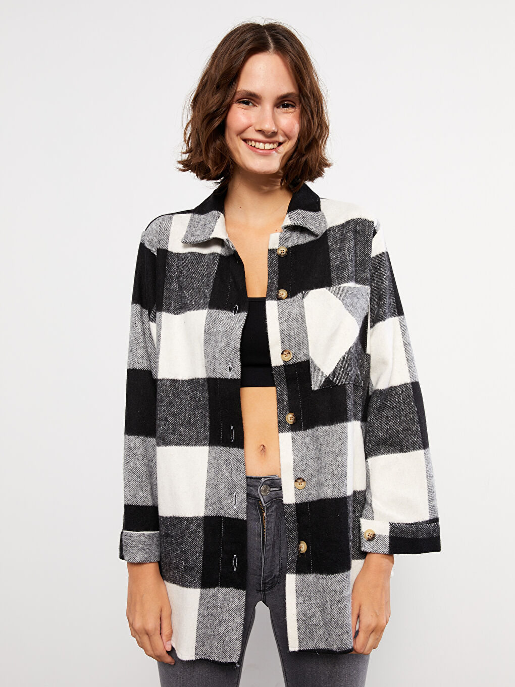 LC Waikiki Front Button-Off Plaid Long Sleeve Women's Lumberjack Shirt Jacket -W23590Z8-LKX