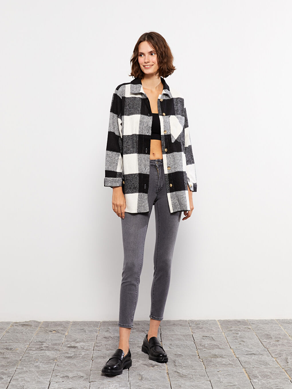 LC Waikiki Front Button-Off Plaid Long Sleeve Women's Lumberjack Shirt Jacket -W23590Z8-LKX