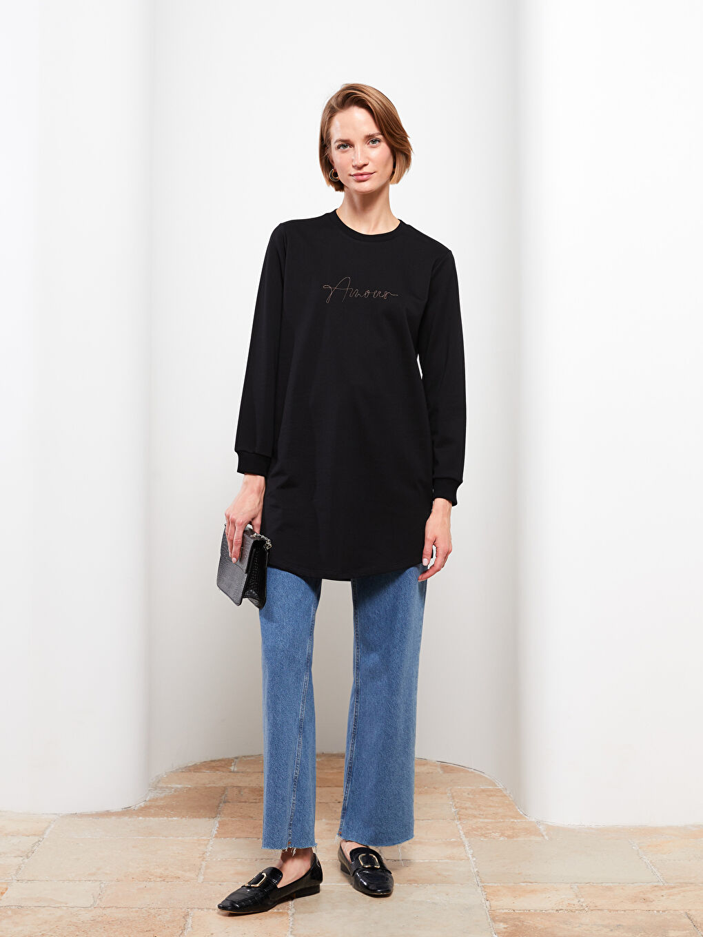 Siyah Bisiklet Yaka Baskılı Uzun Kollu Kadın Sweatshirt Tunik