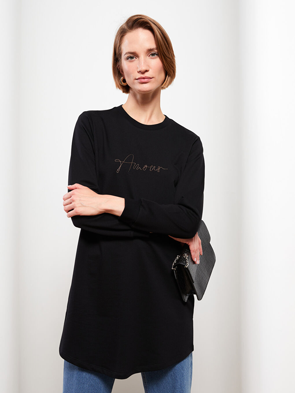 Siyah Bisiklet Yaka Baskılı Uzun Kollu Kadın Sweatshirt Tunik-1