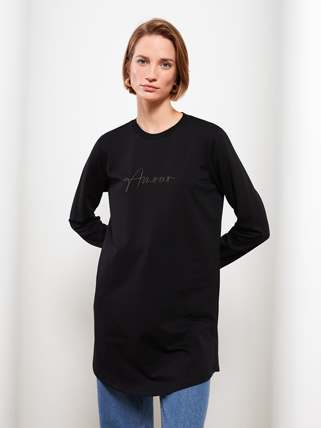 Siyah Bisiklet Yaka Baskılı Uzun Kollu Kadın Sweatshirt Tunik-2