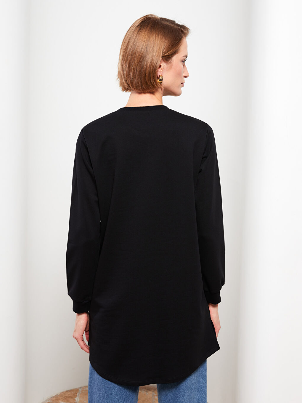 Siyah Bisiklet Yaka Baskılı Uzun Kollu Kadın Sweatshirt Tunik-4