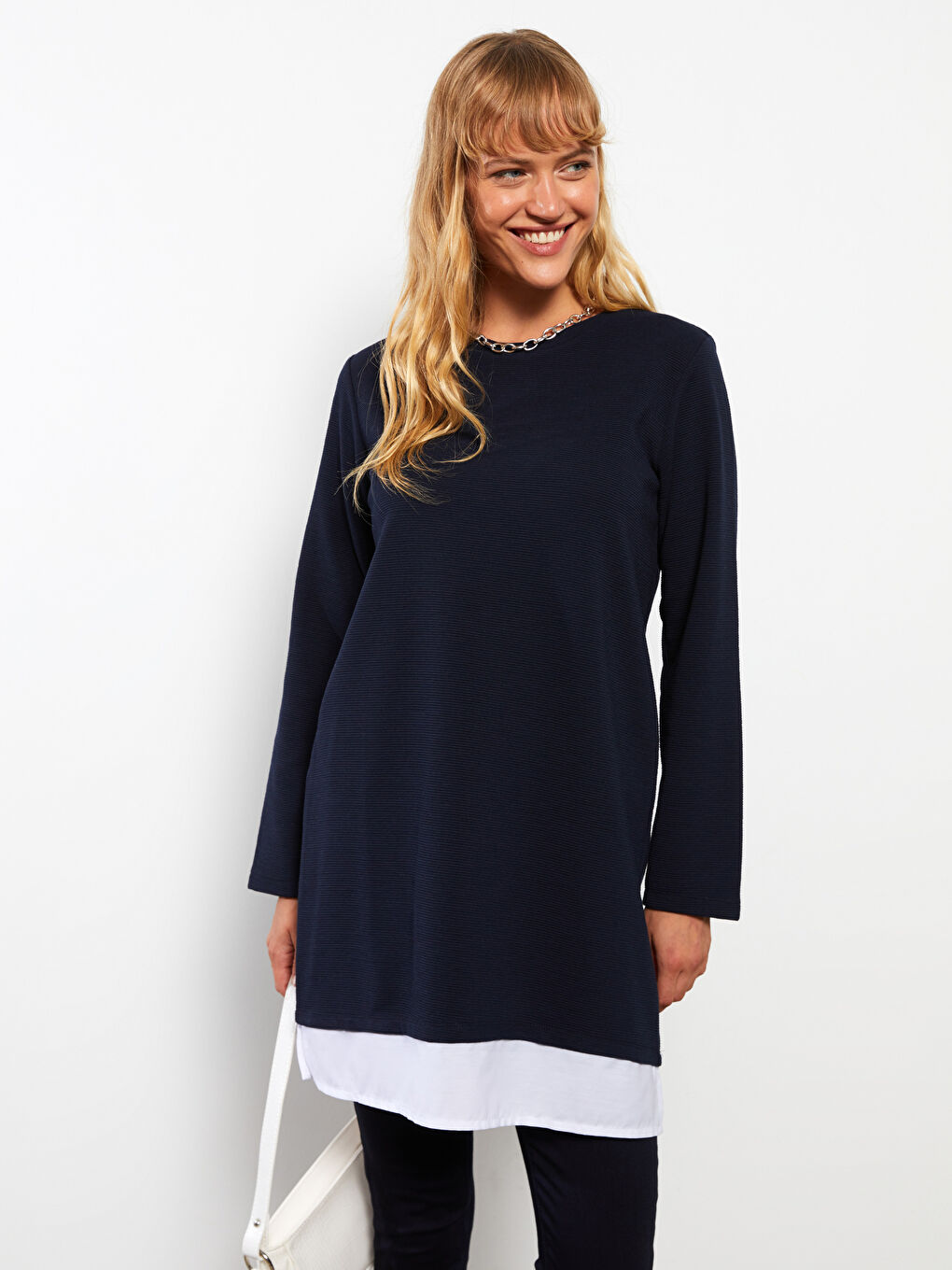 Lacivert Bisiklet Yaka Düz Uzun Kollu Kadın Tunik