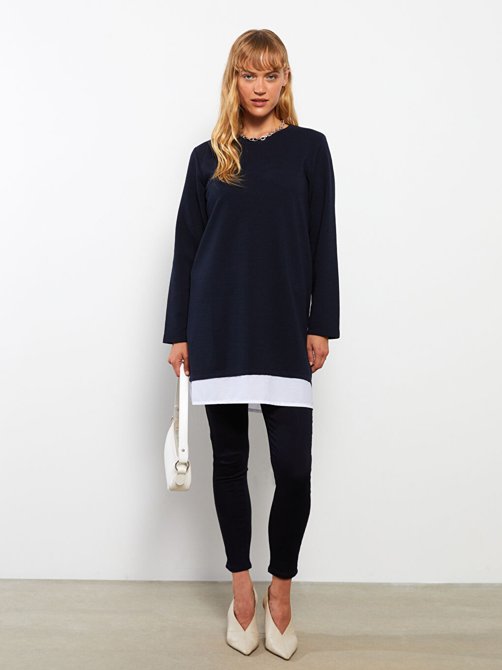 Lacivert Bisiklet Yaka Düz Uzun Kollu Kadın Tunik-1