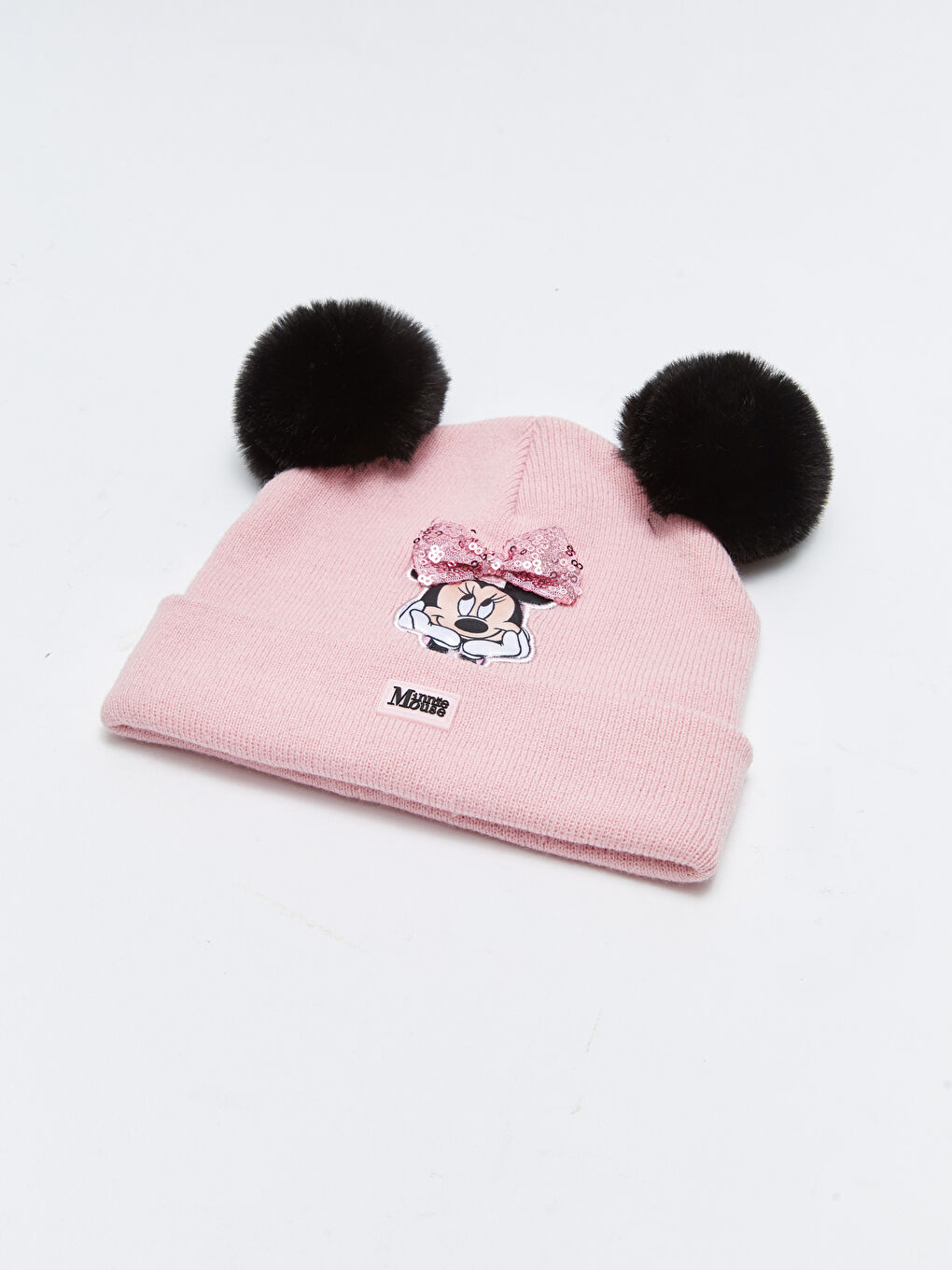 Pembe Minnie Mouse Lisanslı Çift Ponponlu Kız Çocuk Bere-1