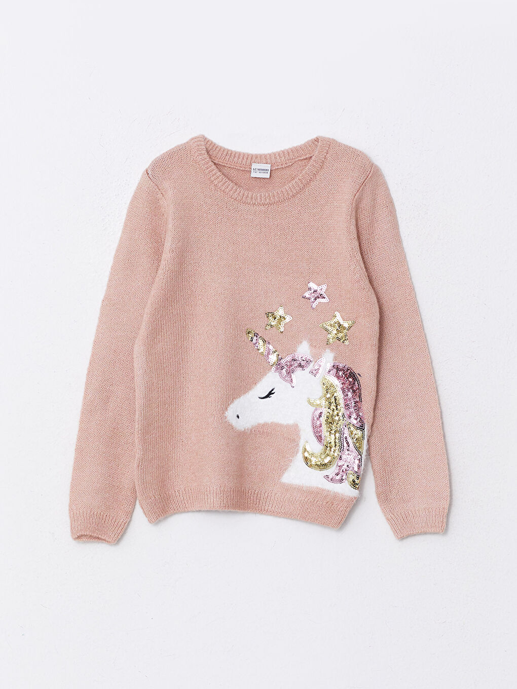 Қыздарға арналған дөңгелек жағалы өрнекті ұзын жең трикотаж жемпір