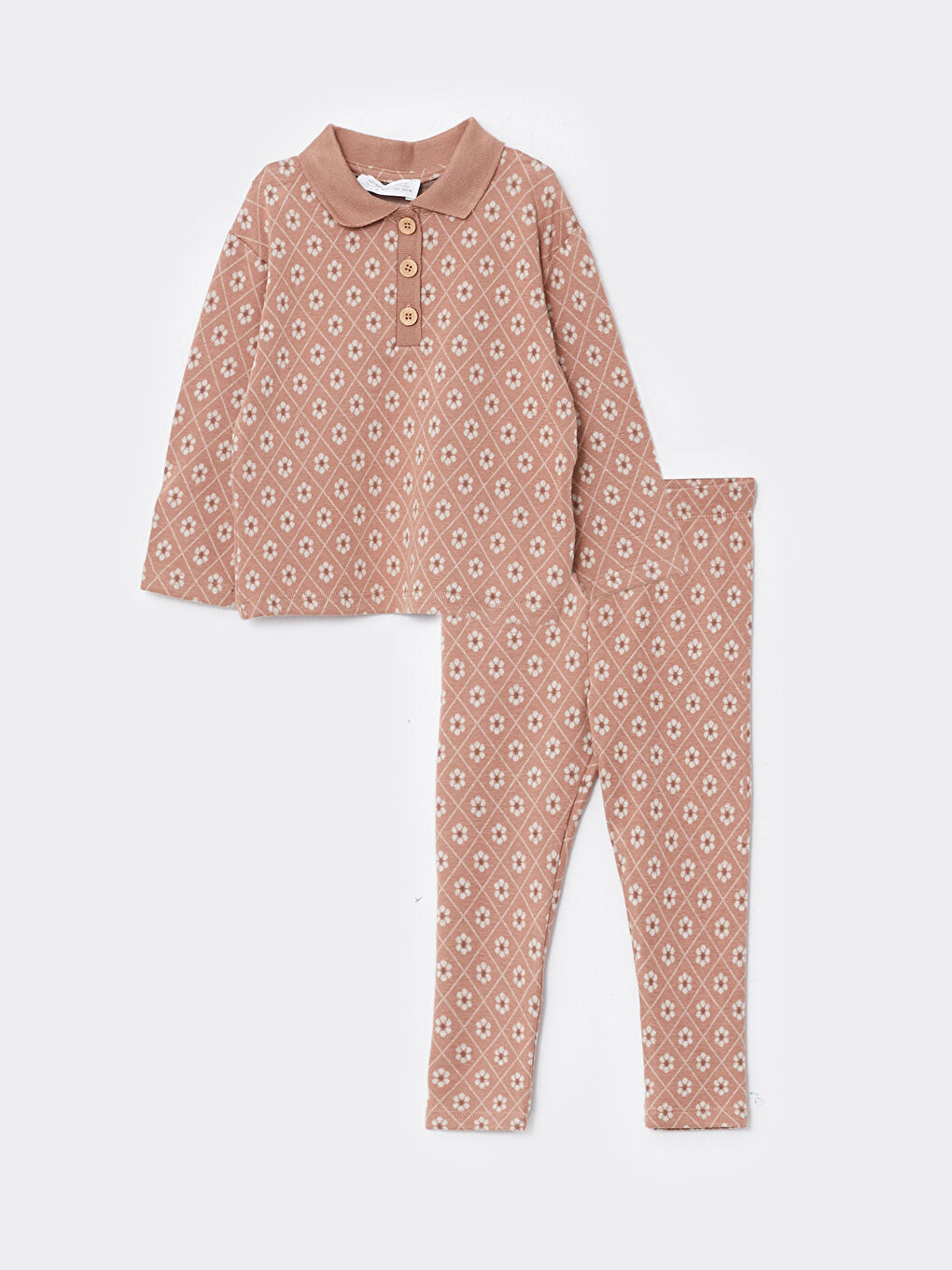 تيشيرت كم طويل بياقة بولو مطبوع وبنطلون ضيق للبنات الرضع - طقم من قطعتين