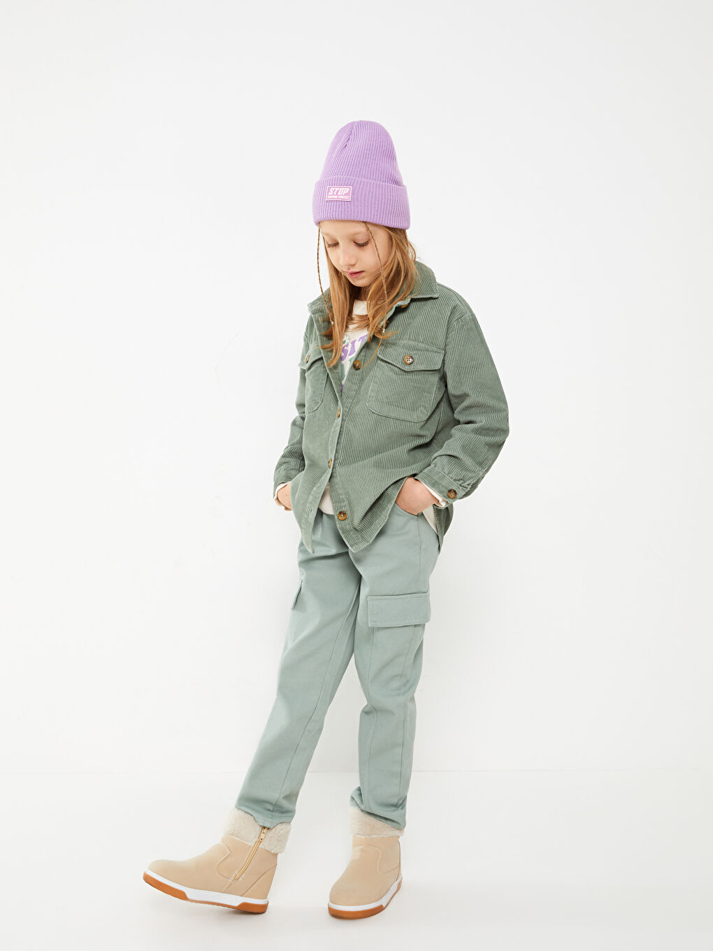 LCW Kids Mat Yeşil Beli Lastikli Basic Gabardin Kız Çocuk Pantolon