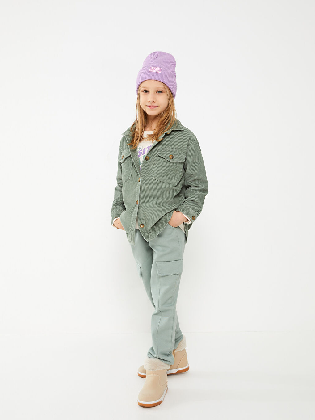 LCW Kids Mat Yeşil Beli Lastikli Basic Gabardin Kız Çocuk Pantolon - 1