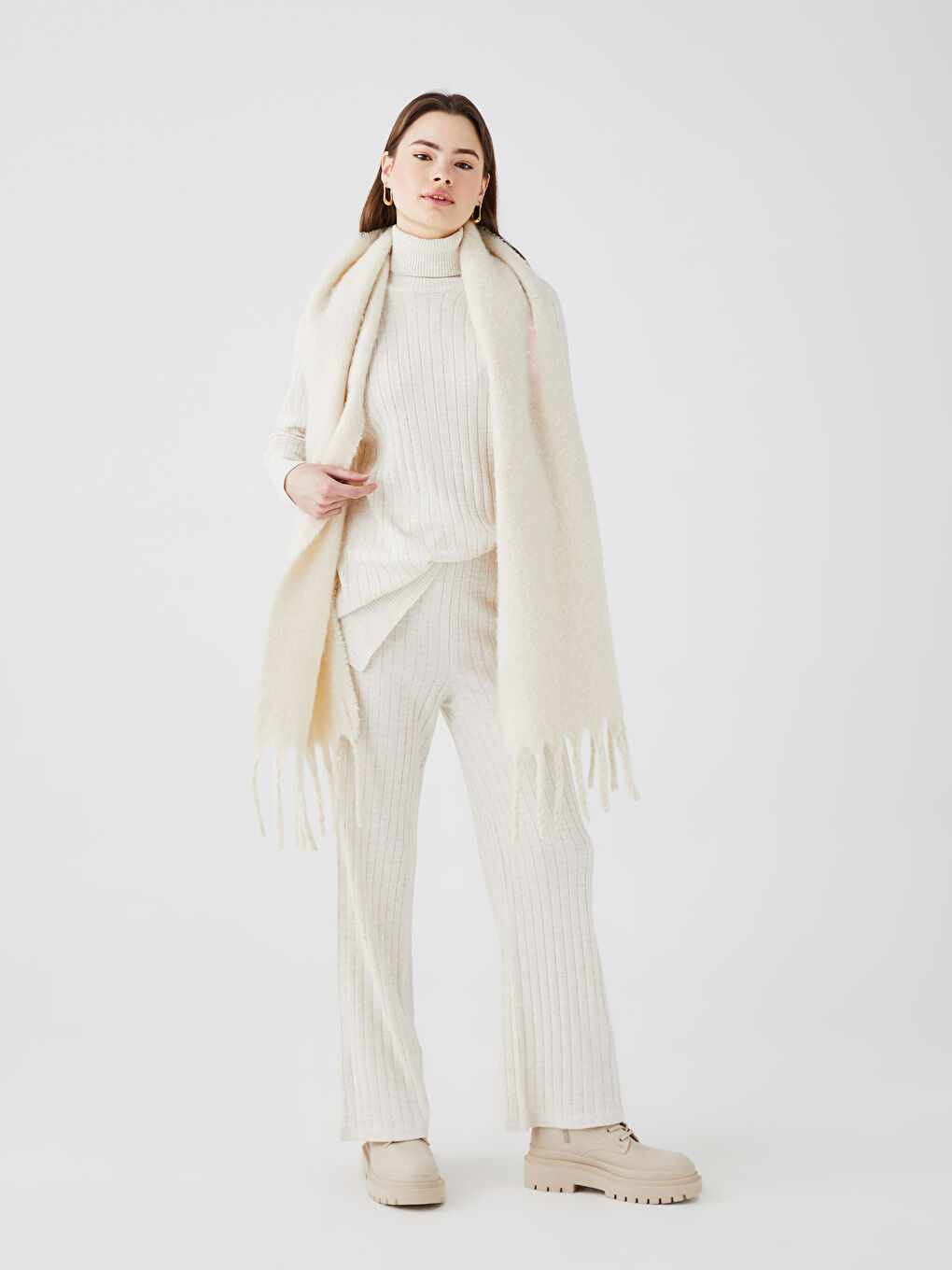 Ekru Kadın Beli Lastikli Düz Triko Pantolon-3