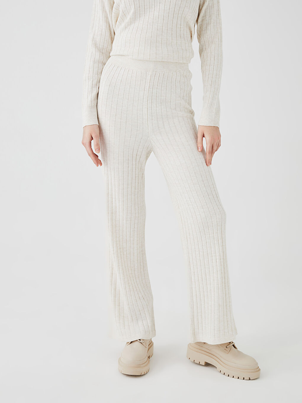 Ekru Kadın Beli Lastikli Düz Triko Pantolon-5