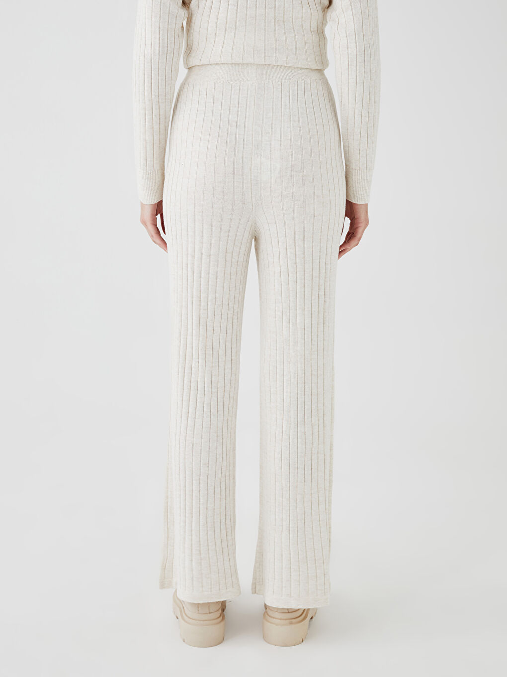 Ekru Kadın Beli Lastikli Düz Triko Pantolon-6