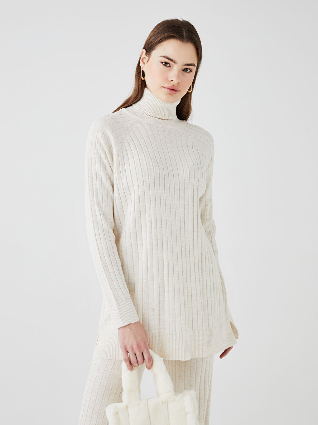 Ekru Balıkçı Yaka Düz Uzun Kollu Kadın Triko Tunik