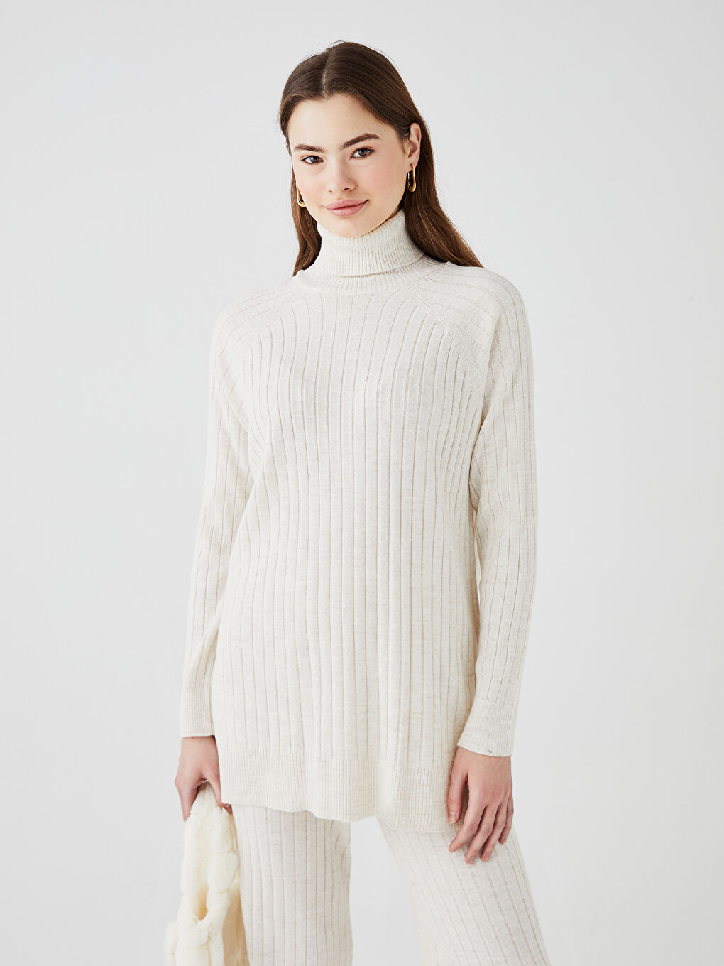 Ekru Balıkçı Yaka Düz Uzun Kollu Kadın Triko Tunik-1