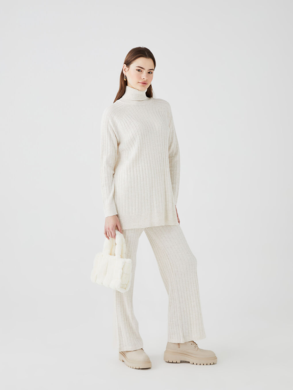 Ekru Balıkçı Yaka Düz Uzun Kollu Kadın Triko Tunik-2