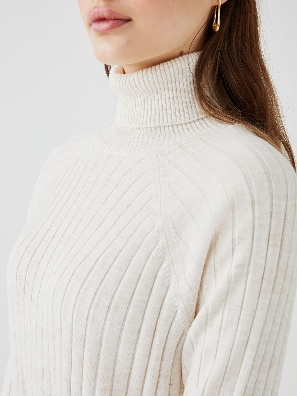 Ekru Balıkçı Yaka Düz Uzun Kollu Kadın Triko Tunik-3