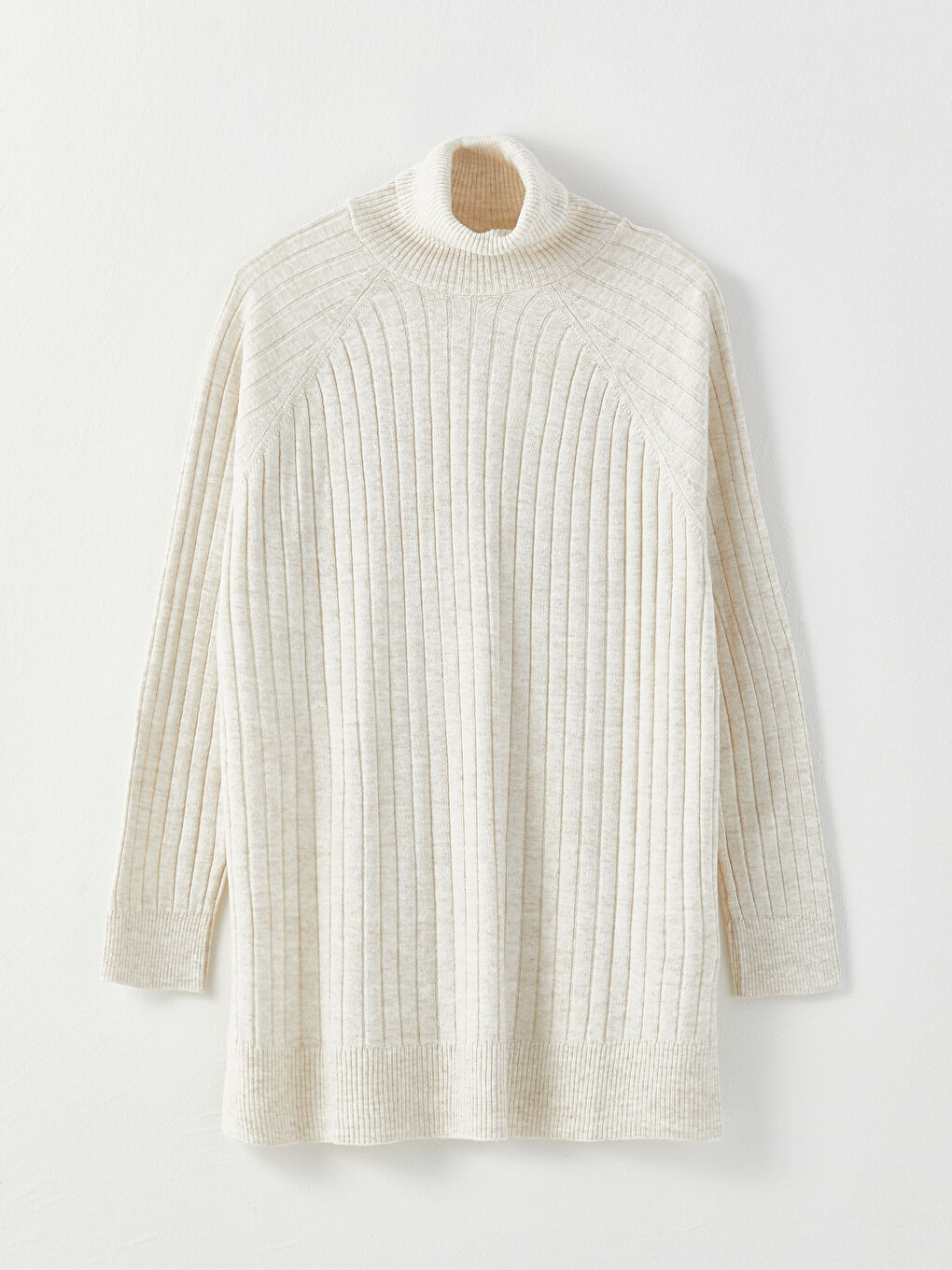 Ekru Balıkçı Yaka Düz Uzun Kollu Kadın Triko Tunik-5