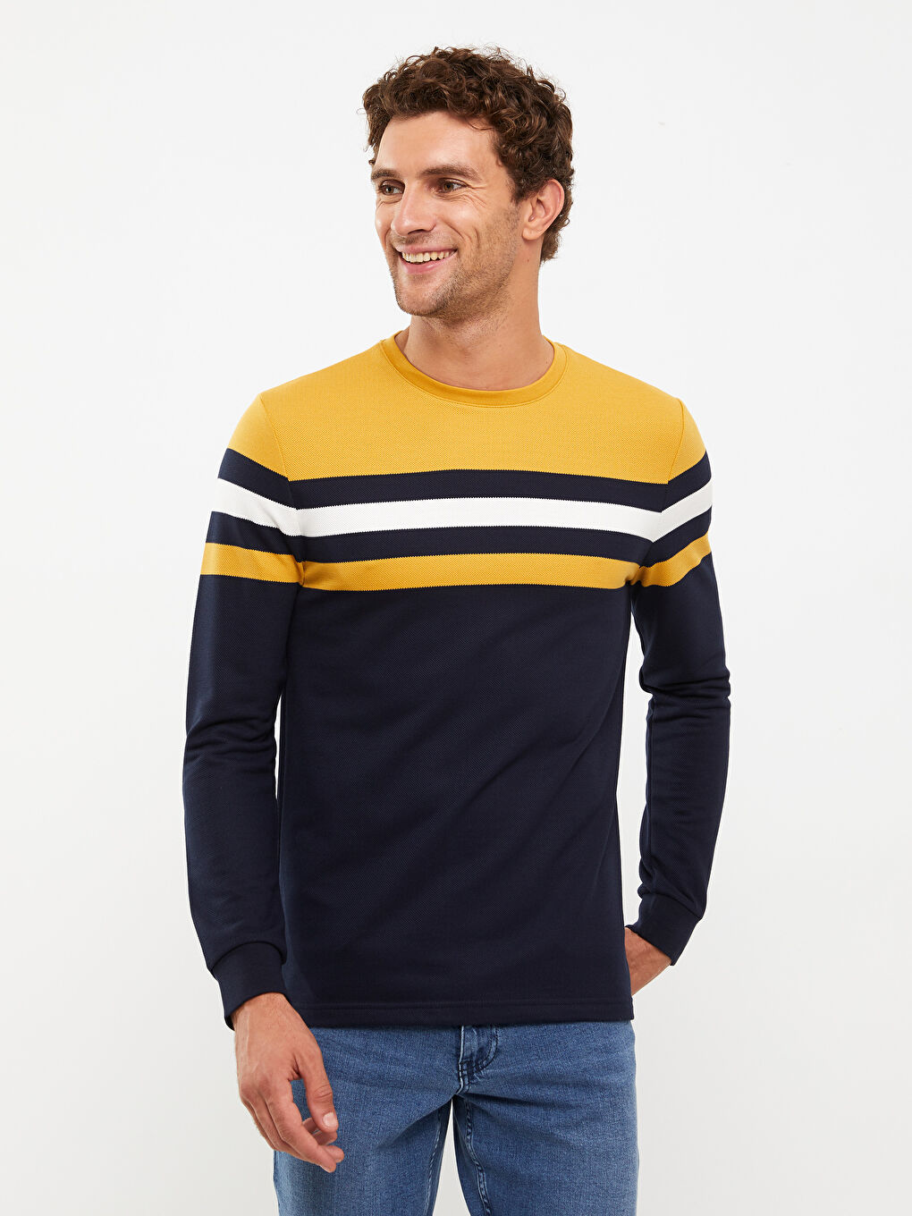 سويتشيرت رجالي مخطط بكم طويل وكول مدور-1