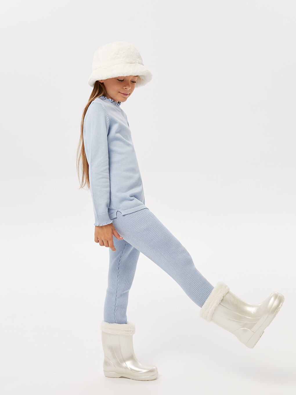 Mavi Beli Lastikli Basic Kız Çocuk Uzun Tayt-1