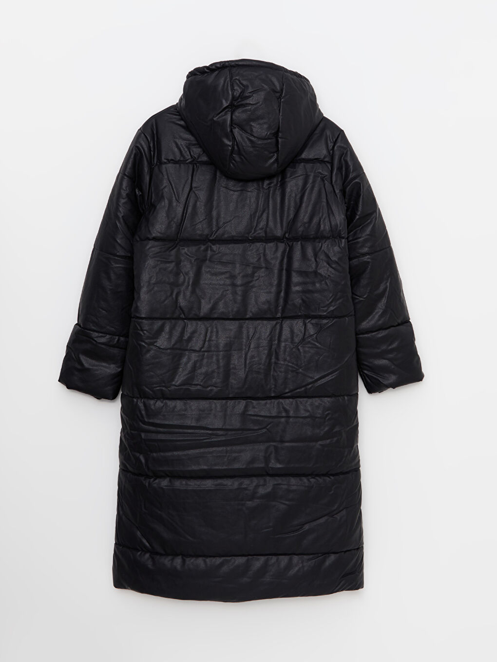 Siyah Kapüşonlu Düz Uzun Kollu Kadın Deri Görünümlü Mont-7