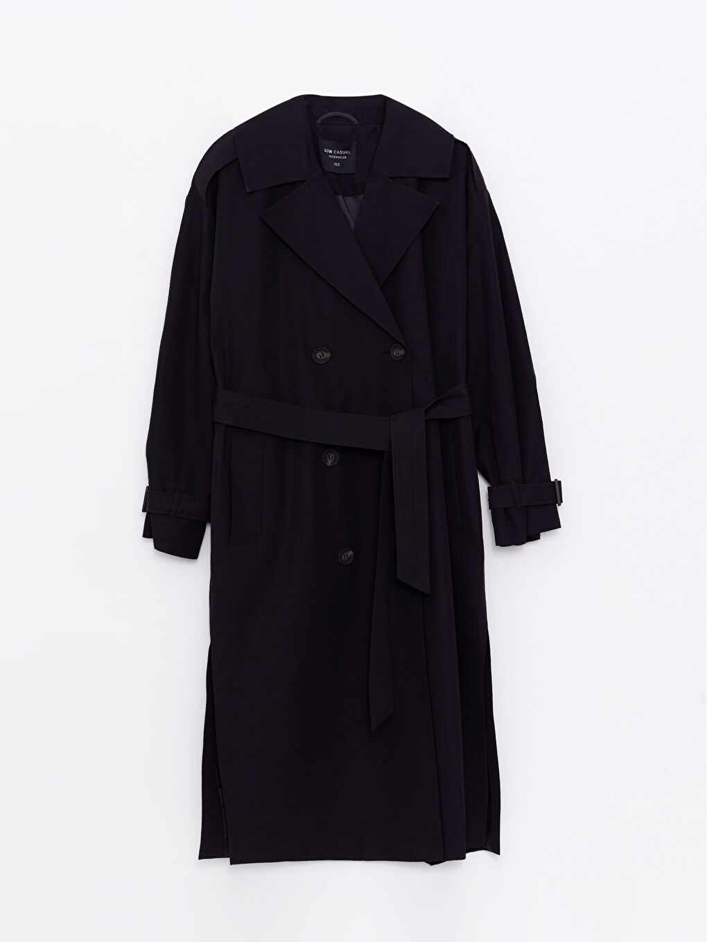 Siyah Ceket Yaka Düz Uzun Kollu Kadın Trençkot-7